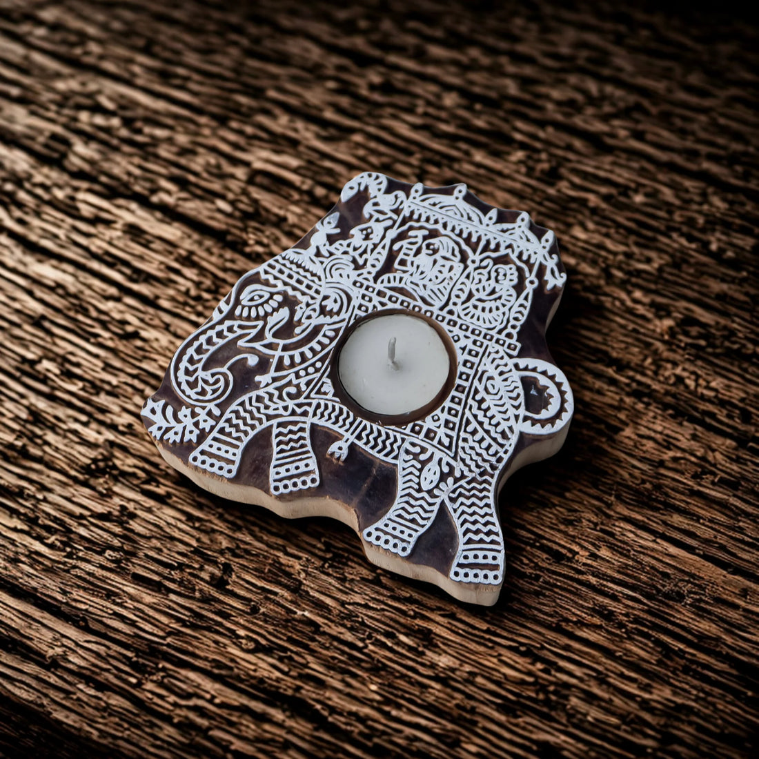 Hand-Carved Elephant Wooden T-Light Holder