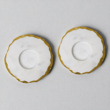 White Marble T-Light Holders with Gold Detailing (Set of 2)