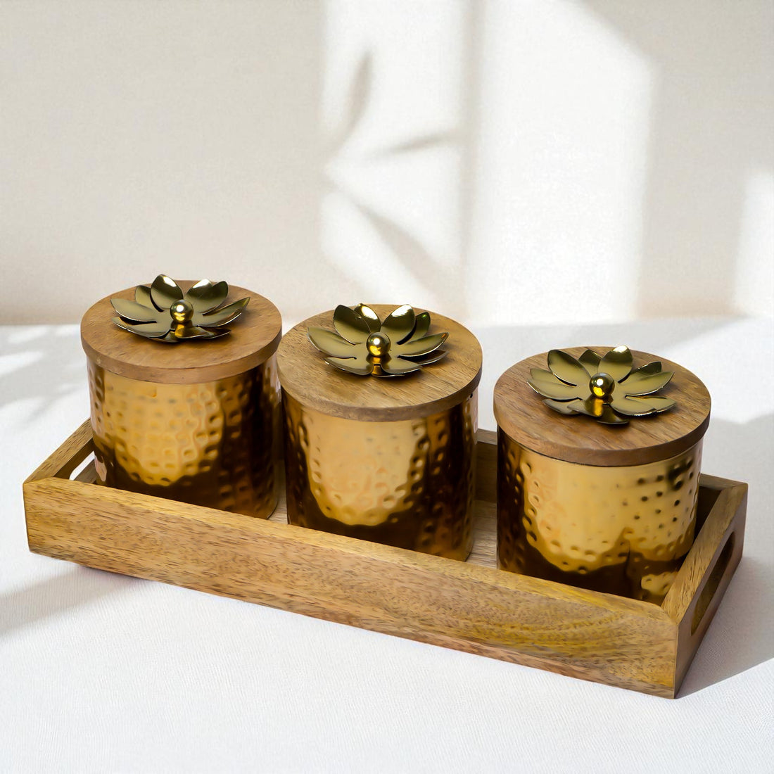 Golden Lotus Hammered Brass Storage Jar Set (Set of 3)