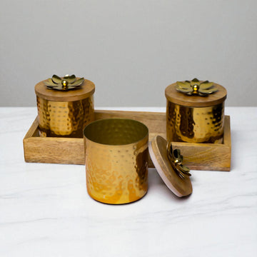 Golden Lotus Hammered Brass Storage Jar Set (Set of 3)