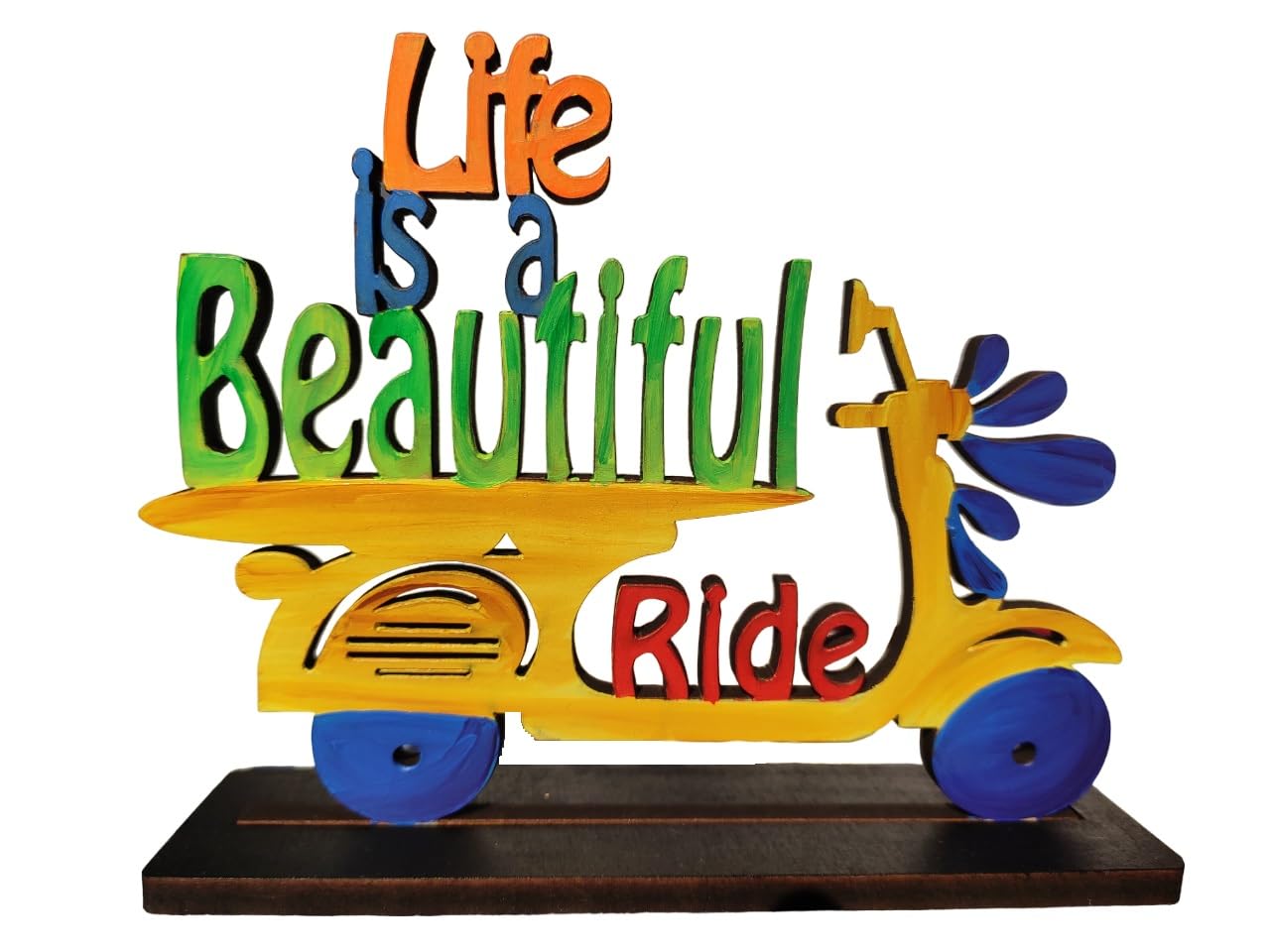 Life is A Beautiful Ride Handmade Wooden Positive Quotes Table Decor for Office Desk Showpiece