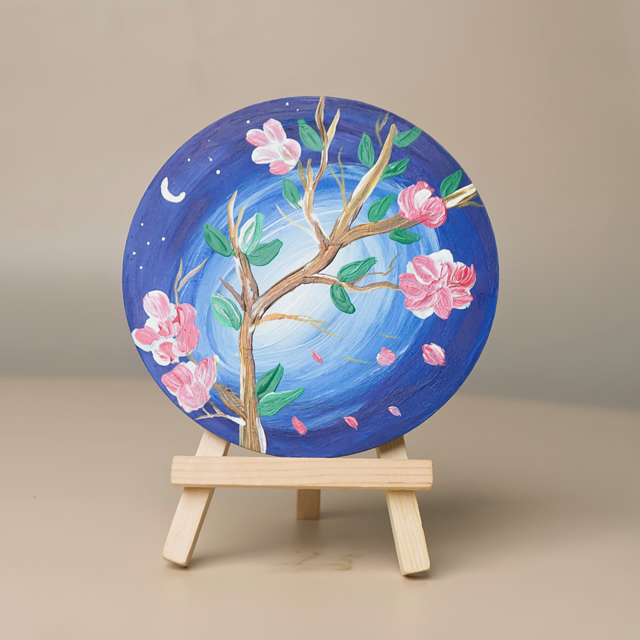 Floral Tree Miniature Art on Round MDF comes with Wooden Easel Stand