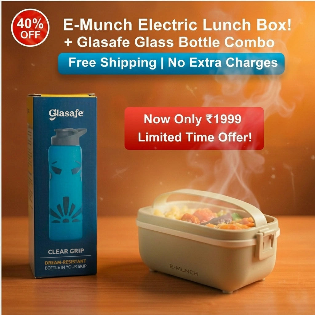 E-Munch Smart Electric Lunch Box + Glasafe Glass Bottle Combo Free Shipping | No Extra Charges