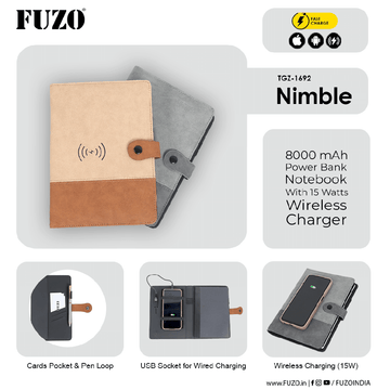 FUZO Nimble – 8000 mAh Power Bank Notebook with Wireless Charger (15W)
