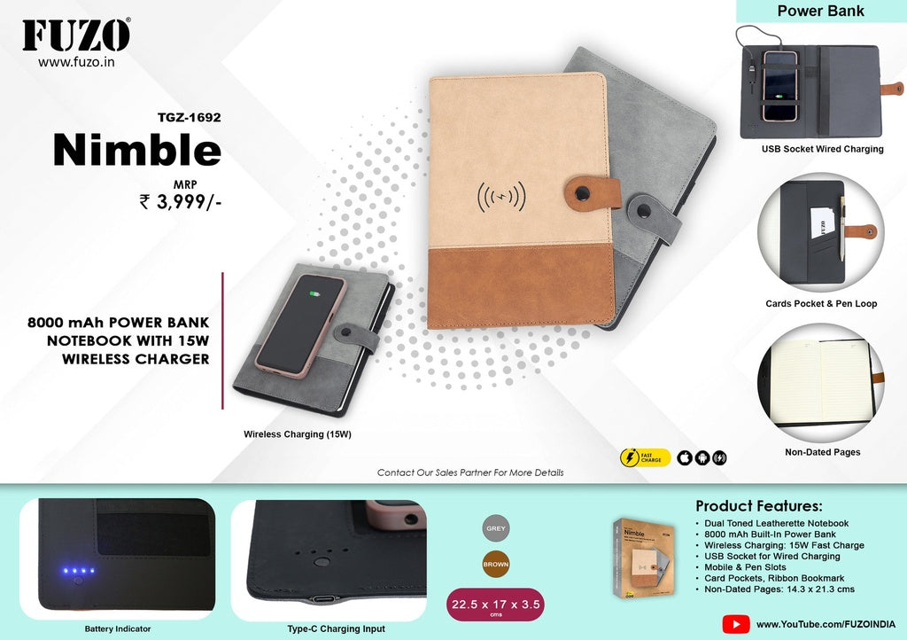 FUZO Nimble – 8000 mAh Power Bank Notebook with Wireless Charger (15W)