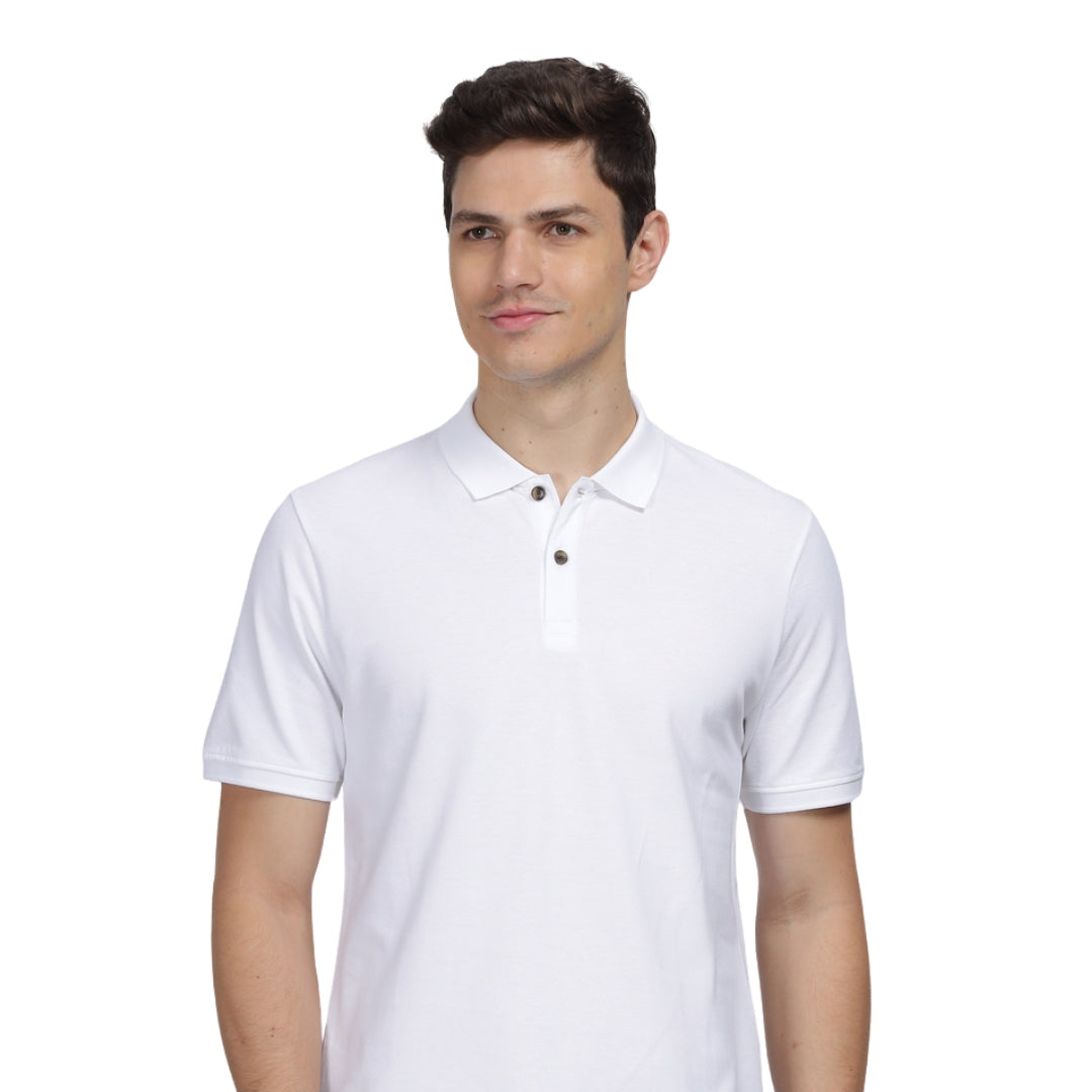 Polo Neck Cotton Blend White T-Shirt