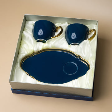 Blue & Gold Coffee Cups with Snack Trays (Set of 2)