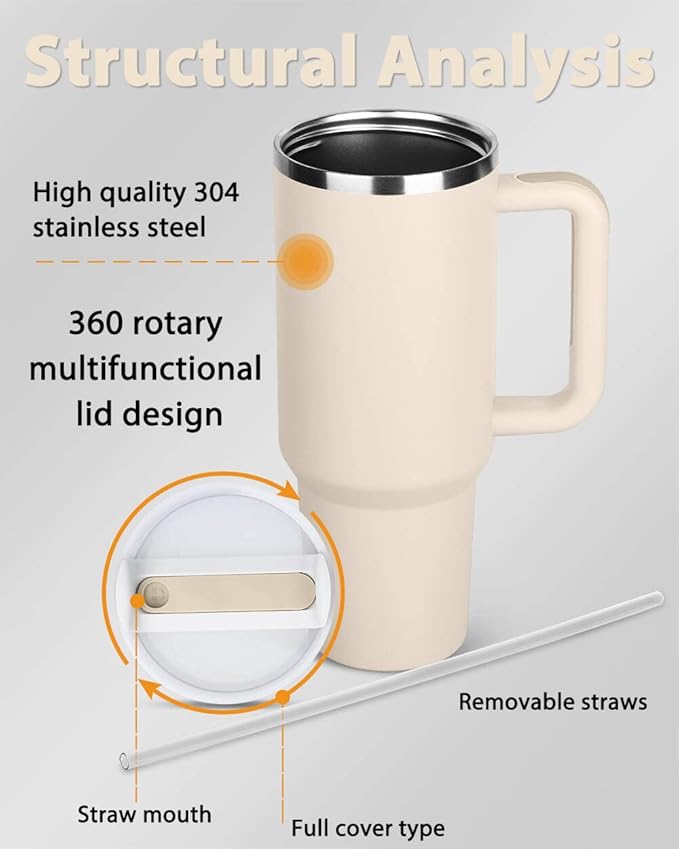 1200ML Stainless Steel Tumbler Hot and Cold with Handle and Lid 2 Straw, Double Insulated Cup 100% Leak Proof Mug Cupholder for Gym, Travelling